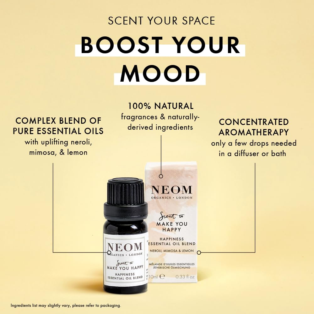 NEOM - Happiness Essential Oil Blend, 10ml | Neroli, Mimosa & Lemon | Scent to Make You Happy Range Neom