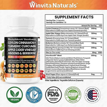Ceylon Cinnamon 3000mg Apple Cider Vinegar 3000mg Turmeric 2000mg Panax Ginseng