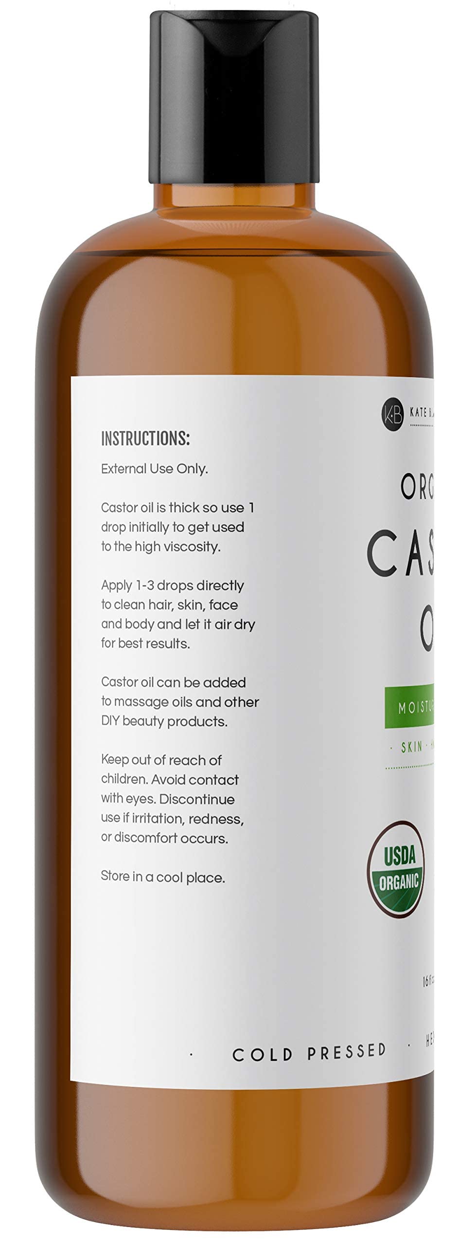 Kate Blanc Cosmetics Castor Oil 16oz - USDA Certified Organic. Cold-Pressed, 100% Pure Kate Blanc Cosmetics