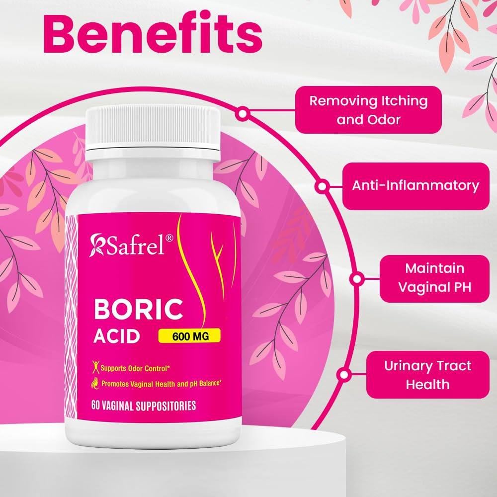 Safrel Boric Acid Vaginal Suppositories - 60 Count (1-Pack) – 100% Pure USA-Made, Supports Intimate Safrel