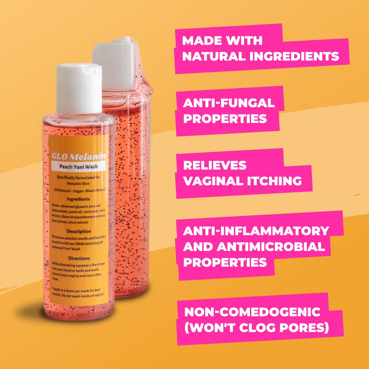 GLO Melanin Peach Yoni Wash with Aloe Vera, All Natural Feminine Wash for Women pH Balance Glo Melanin