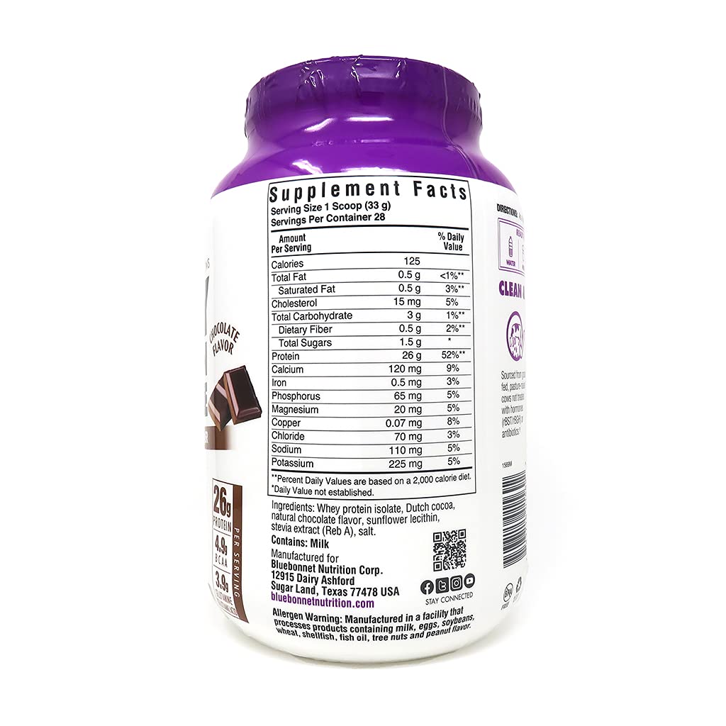 BlueBonnet 100% Natural Whey Protein Isolate Powder, Chocolate, 2 Pound Bluebonnet