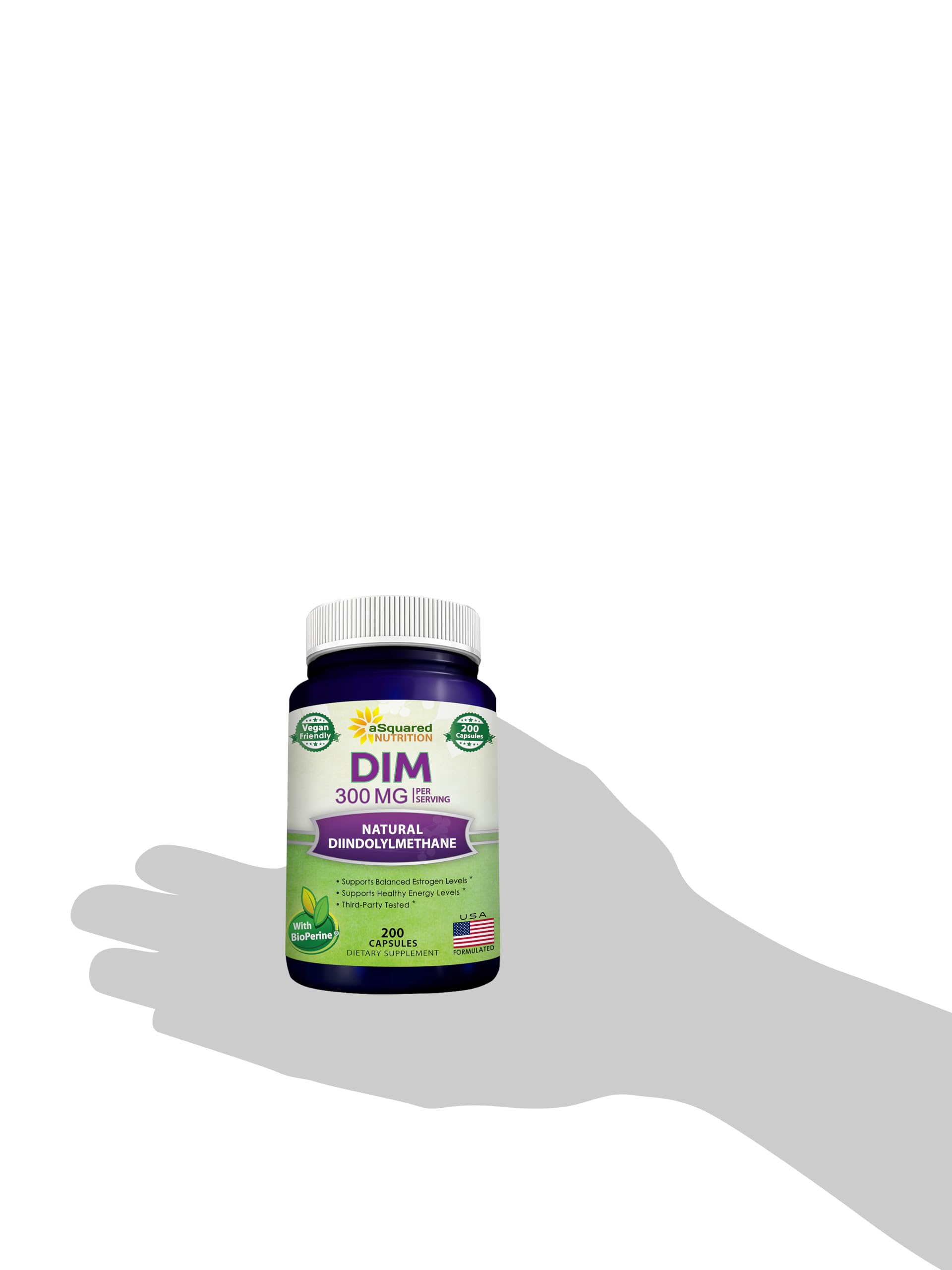 aSquared Nutrition DIM Supplement 300mg Plus BioPerine - 200 Veggie Capsules - Diindolylmethane DIM Max aSquared Nutrition
