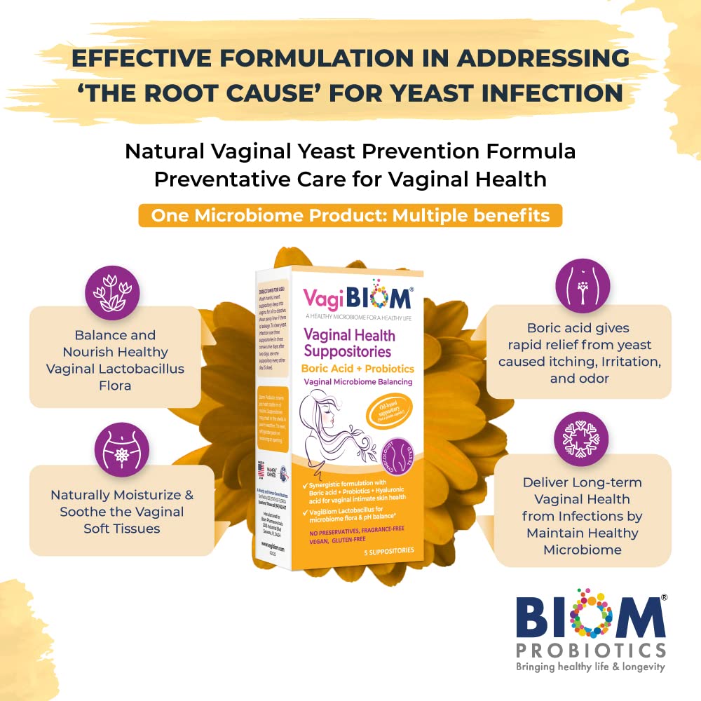 VagiBiom Boric Acid Suppositories with Lactobacillus: Microbiome Flora Balance; Balance and Nourishes VagiBiom