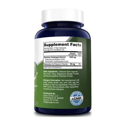 Garcinia Cambogia 180 Veggie Caps 1500mg (Vegetarian, Natural, Non-GMO & Gluten Free)