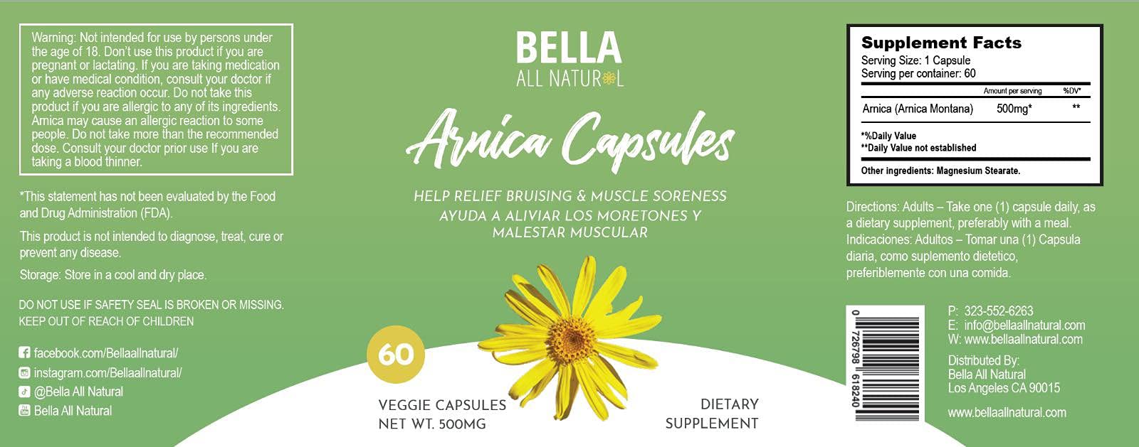 Bella All Natural Arnica Capsules 500 mg, 60 Count Bella All Natural