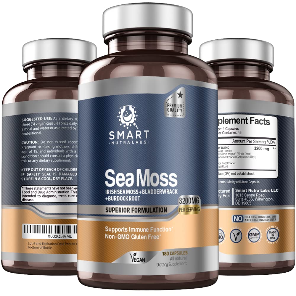 SMART NUTRA LABS Organic Sea Moss 3200MG Per Serving- 180 Vegan