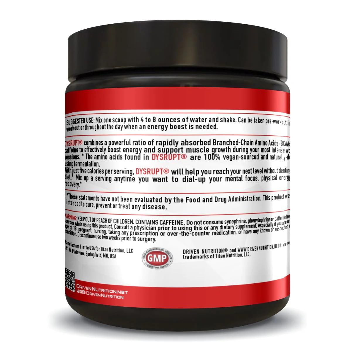 Driven Nutrition DYSRUPT: BCAA + Caffeine with Electrolytes: Sugar & Gluten Free Supplement- Improve Recovery, Burn More Fat, Increase Endurance, and Achieve Greater Focus
