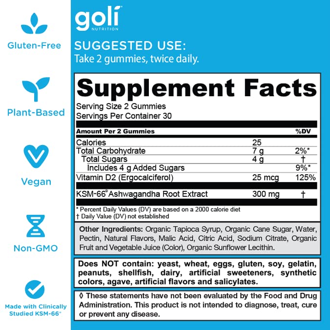 Goli Ashwagandha & Vitamin D Gummy - 60 Count - Mixed Berry, KSM-66, Vegan Goli