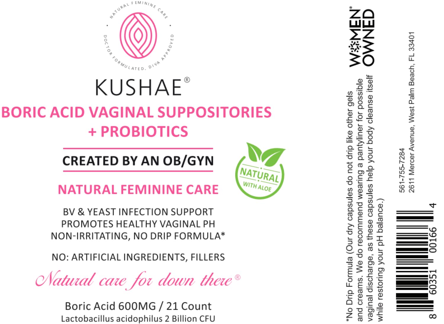Kushae Boric Acid Suppositories with Applicator, All-Natural Boric Acid Suppositories for Women