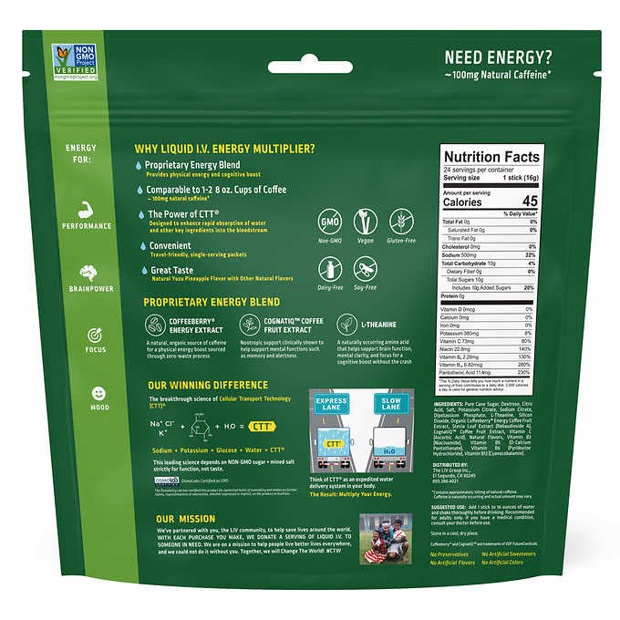 Liquid I.V. Energy Multiplier Yuzu Pineapple, 24 Individual Serving Stick Packs