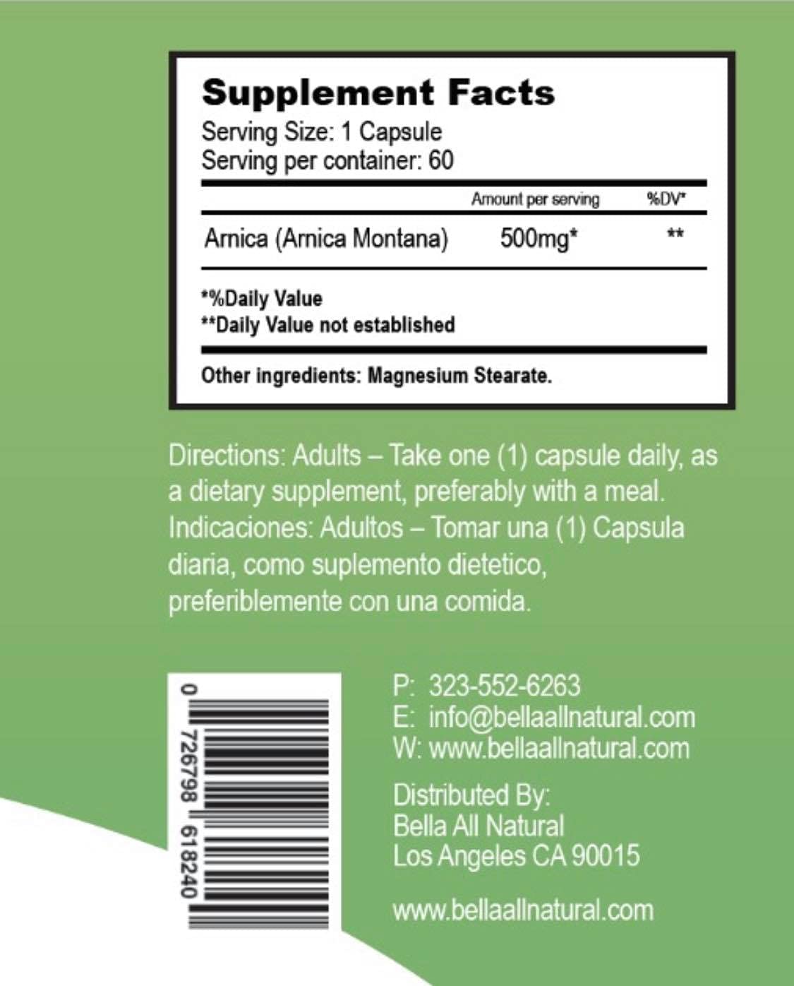 Bella All Natural Arnica Capsules 500 mg, 60 Count Bella All Natural