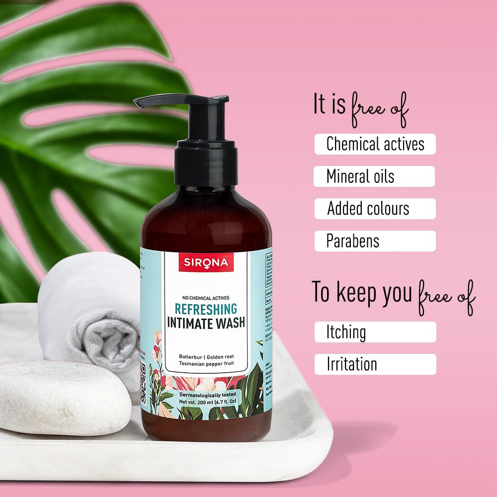 Sirona Natural Refreshing Feminine Wash - 6.7 Fl Oz (200 ml) | No Chemical, No Irritation, pH Balanced Intimate Sirona