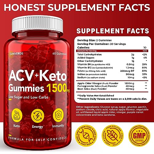 Keto ACV Gummies 1500 mg - Low Sugar Green Apple Flavor - Vegan ACV Keto Gummies SunVerde