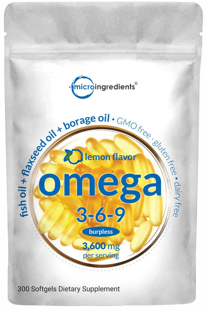 Ultra Omega 3-6-9 3600mg Perserv, 300 Burpless Softgels | Lemon Flavor 