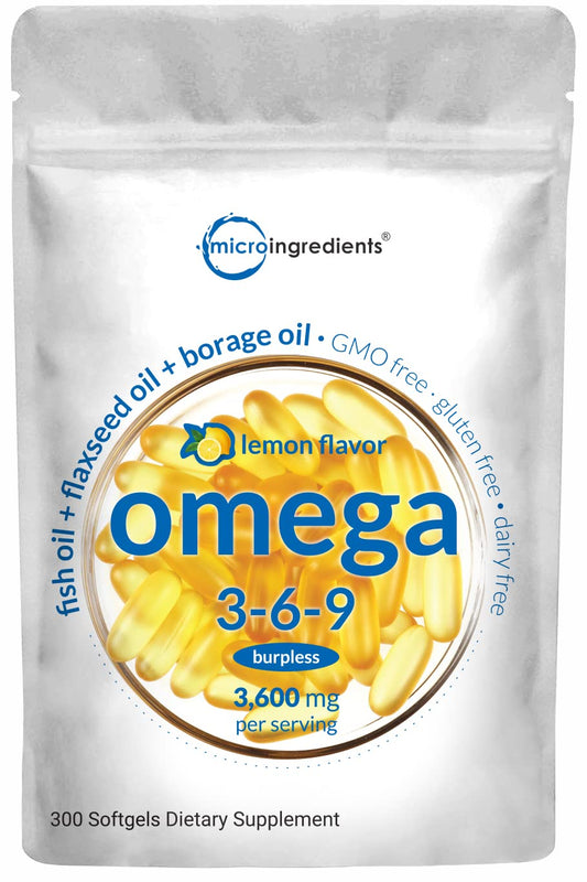 Ultra Omega 3-6-9 3600mg Perserv, 300 Burpless Softgels | Lemon Flavor 