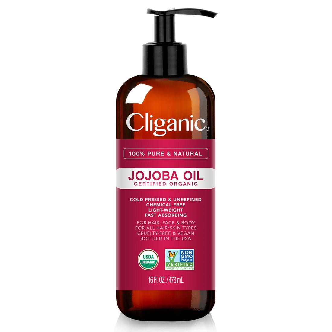 Cliganic USDA Organic Jojoba Oil 16oz with Pump, 100% Pure | Bulk, Moisturizing Oil