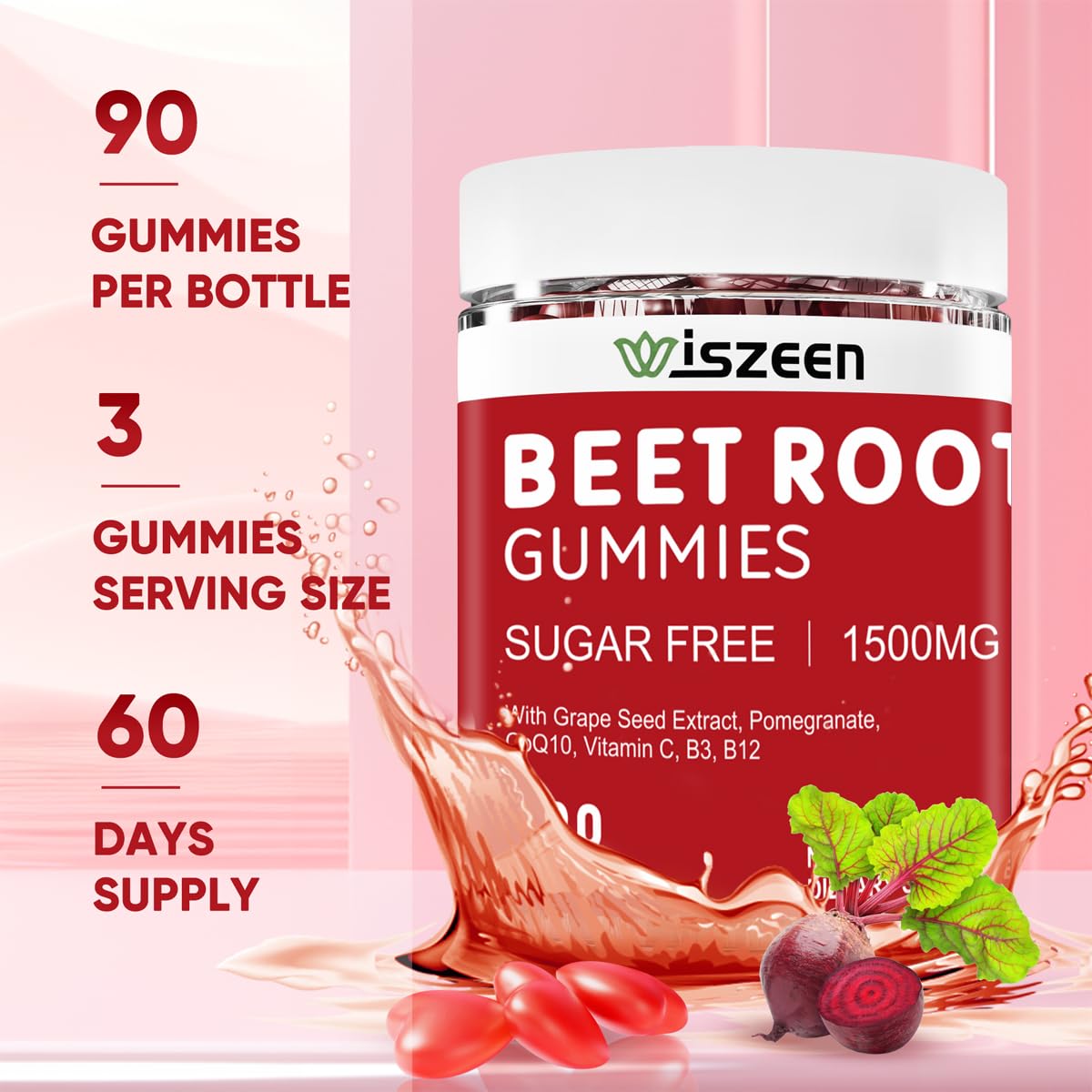Wiszeen Beet Root Gummies - 60 Servings - Beets Gummies Beet Chews Nitric Oxide