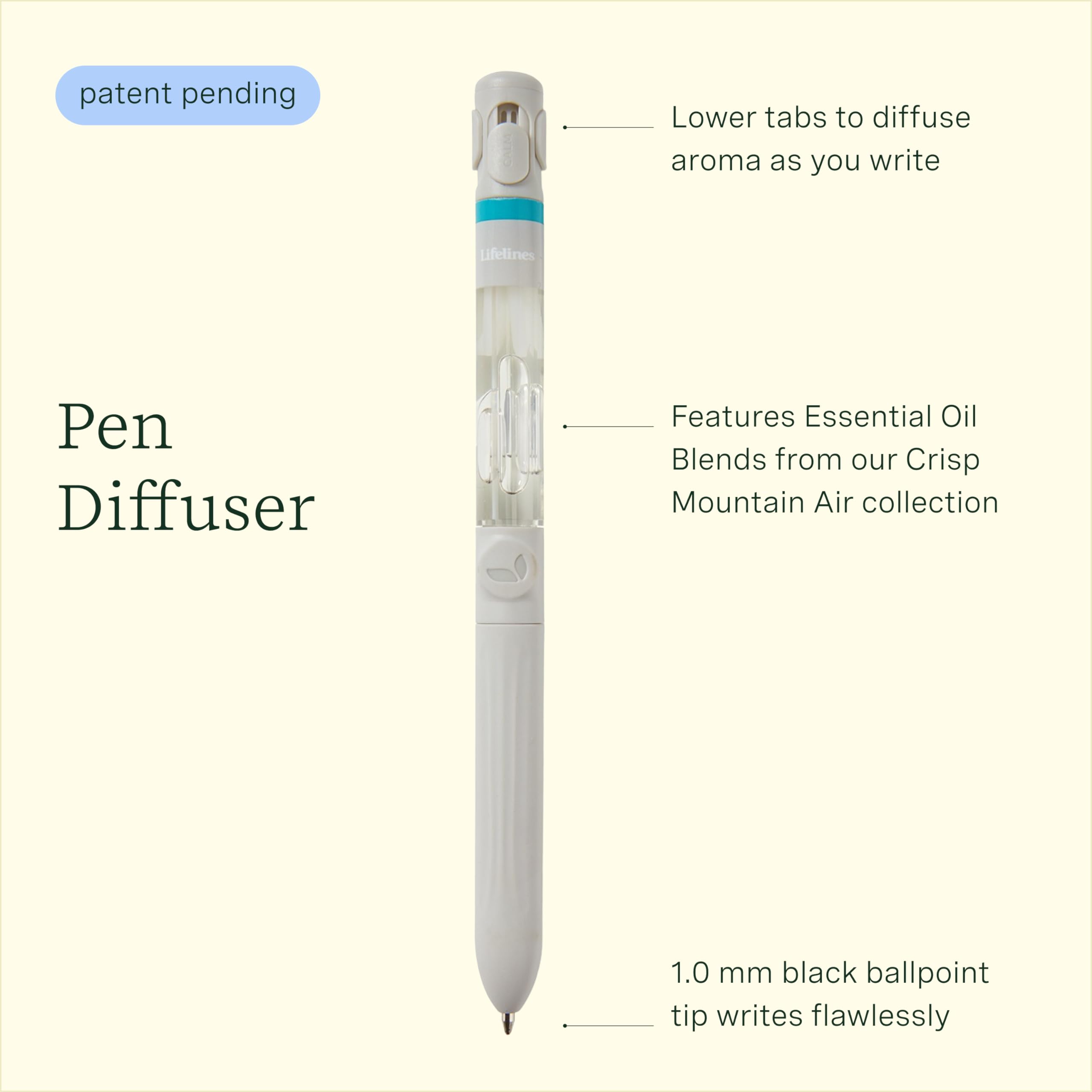 Pen Diffuser in Crisp Mountain Air Essential Oil Blends - Elegant 1.0mm Ballpoint Tip - Black Pen Lifelines