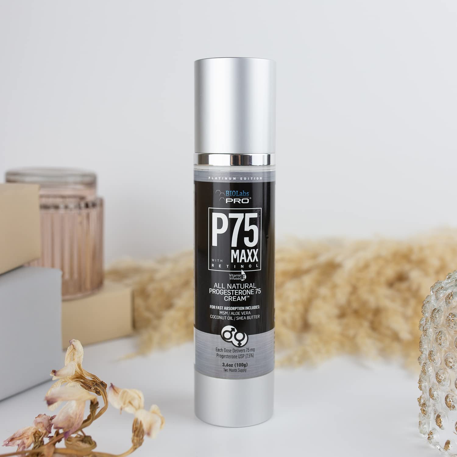 BIOLABS PRO Natural P75 Maxx with Retinol Cosmetic Cream - 7000MG Progesterone per Bottle - 7.5% BIOLABS PRO