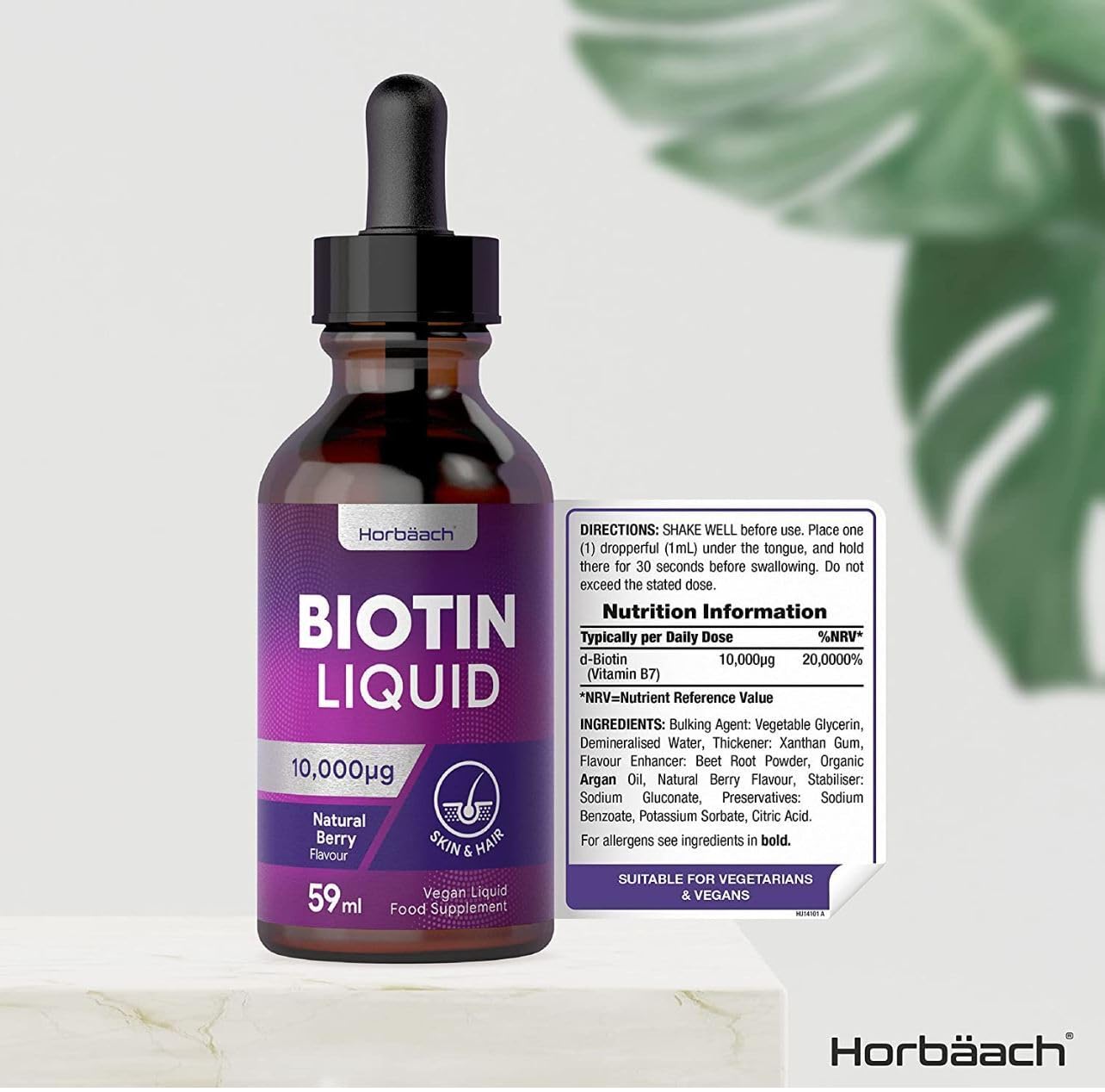 Biotin Liquid Drops for Hair & Skin Support | 10000 mcg Supplement | 59 ml Vitamin B7 Horbäach