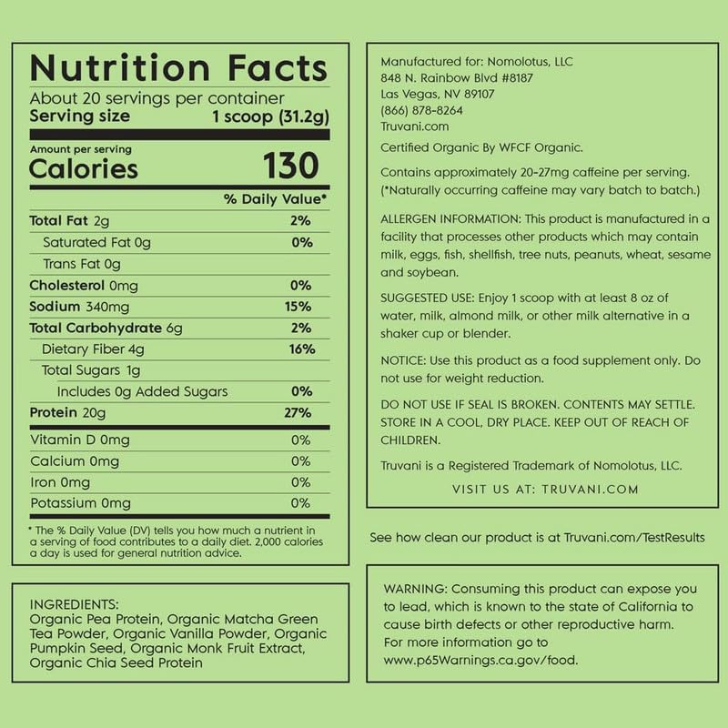 Truvani Organic Vegan Protein Powder Matcha - 20g of Plant Based, Organic Protein