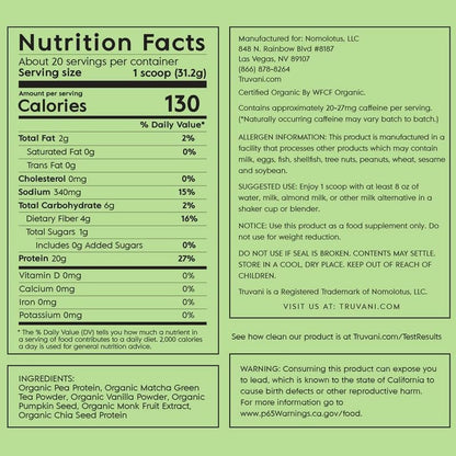 Truvani Organic Vegan Protein Powder Matcha - 20g of Plant Based, Organic Protein