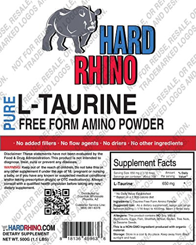 HR Supplements Taurine Powder, 1 Kilogram (2.2 Lbs) | Muscle Recovery | Cardio & Energy Hard Rhino