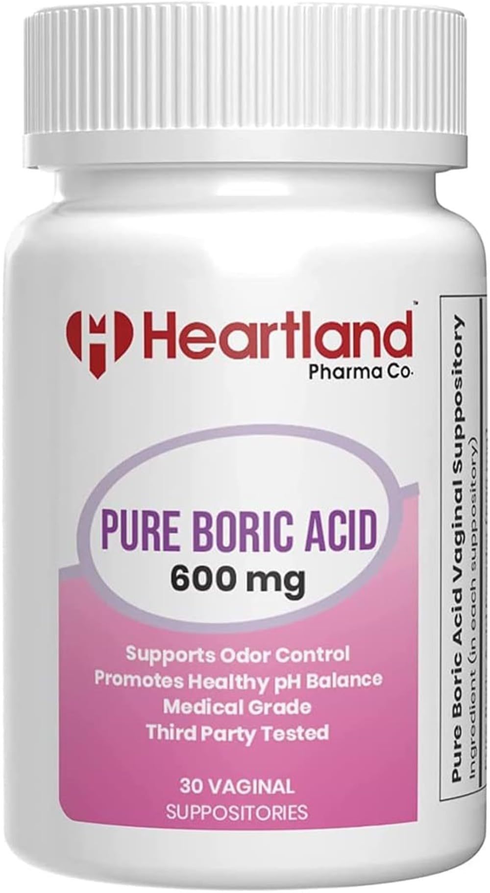 Heartland Pharma Boric Acid Vaginal Suppositories - Feminine Care - 100% Pure Boric Acid - (30 ct)(2 Pack)