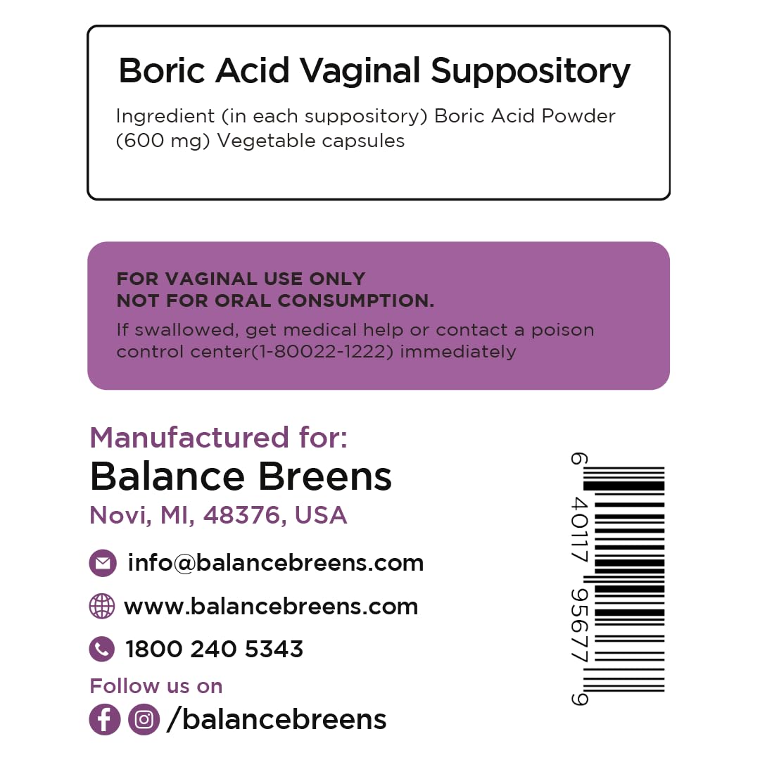 Boric Acid Suppositories for Women 600 mg - 30 Vaginal Use Capsules - ph Balance Pills, Odor Control Balancebreens