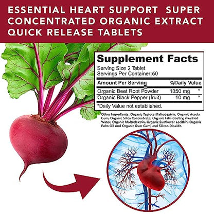 USDA Plant.O Premium Organic Beet Root Tablets [1350mg Beets Powder] with Black Pepper
