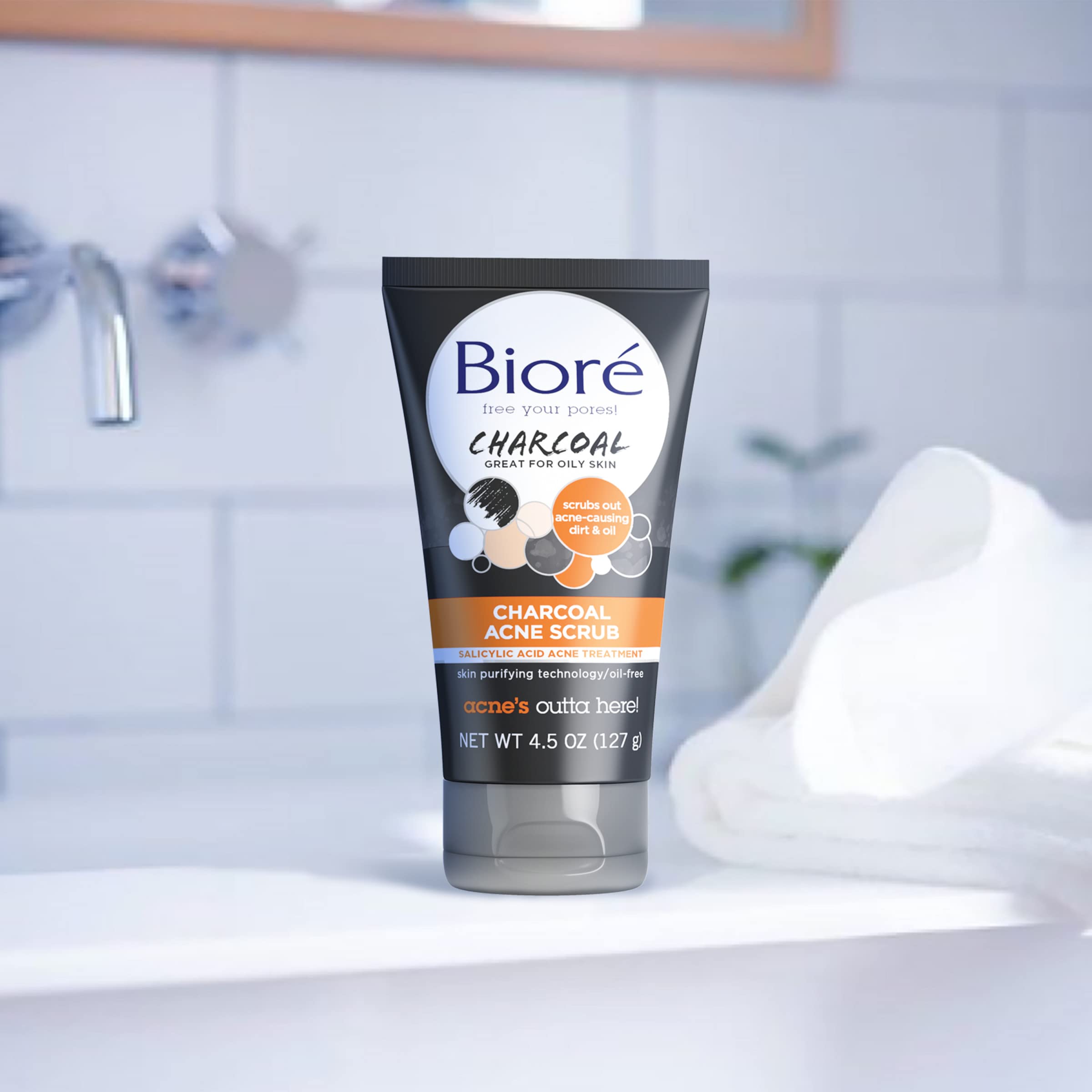 Bioré Charcoal Acne Face Scrub, with 1% Salicylic Acid and Natural Charcoal, Helps Prevent Biore