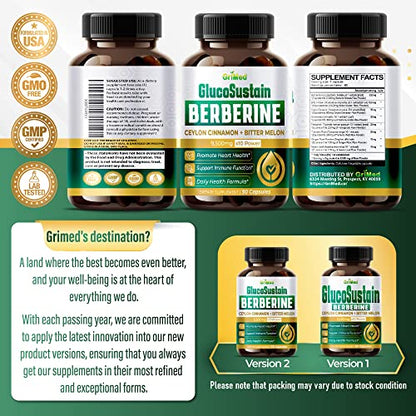 GriMed Berberine Supplement 9,500mg with Ceylon Cinnamon Bitter Melon Supports Healthy