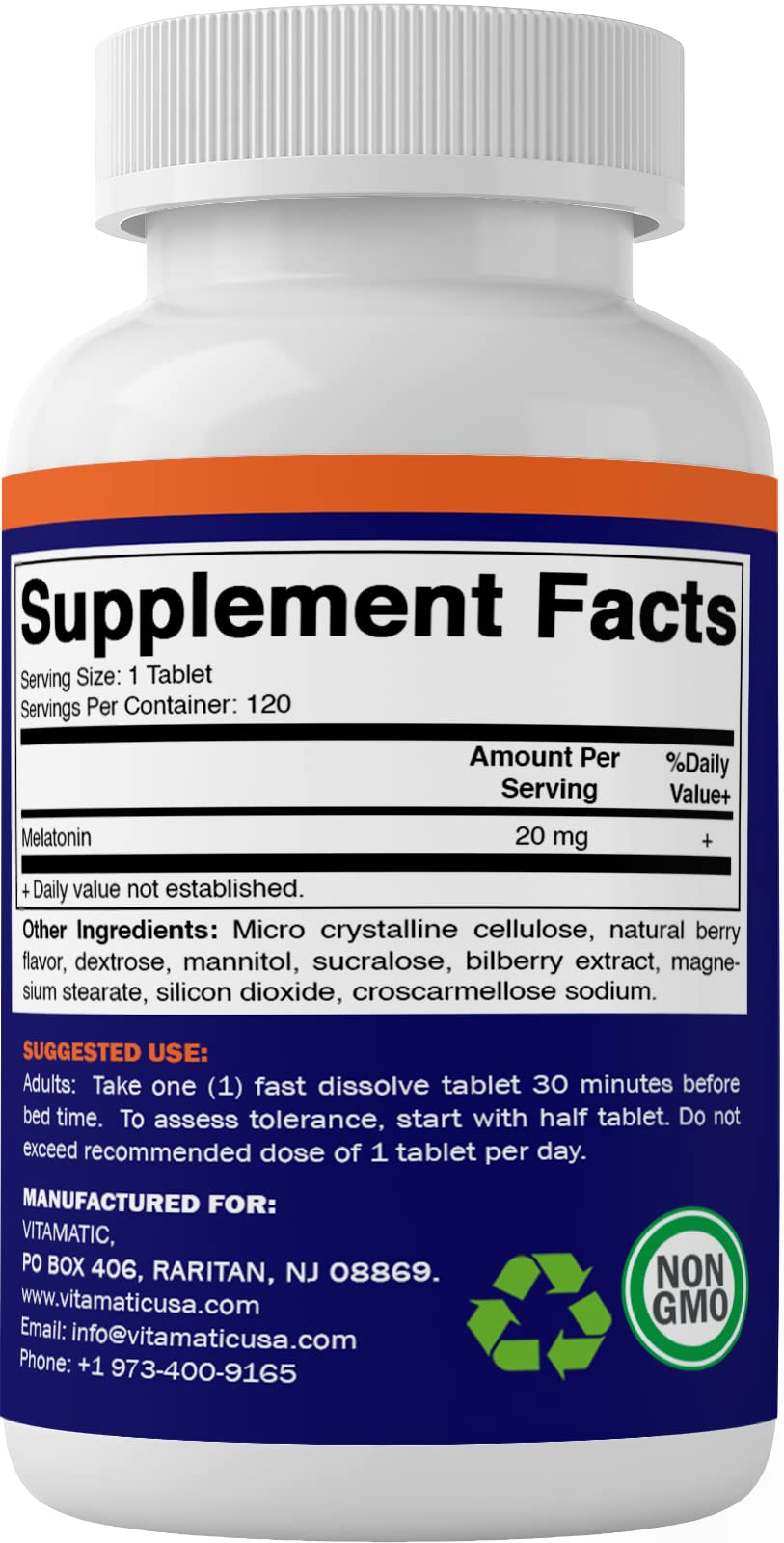 Vitamatic Melatonin 20mg Tablets | Vegetarian, Non-GMO, 6 pack