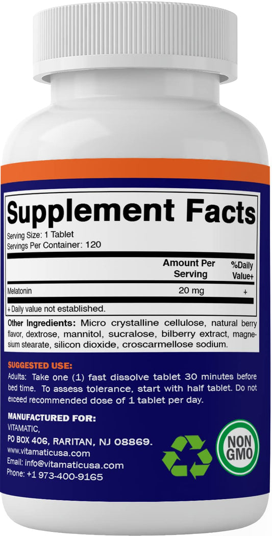 Vitamatic Melatonin 20mg Tablets | Vegetarian, Non-GMO, 6 pack
