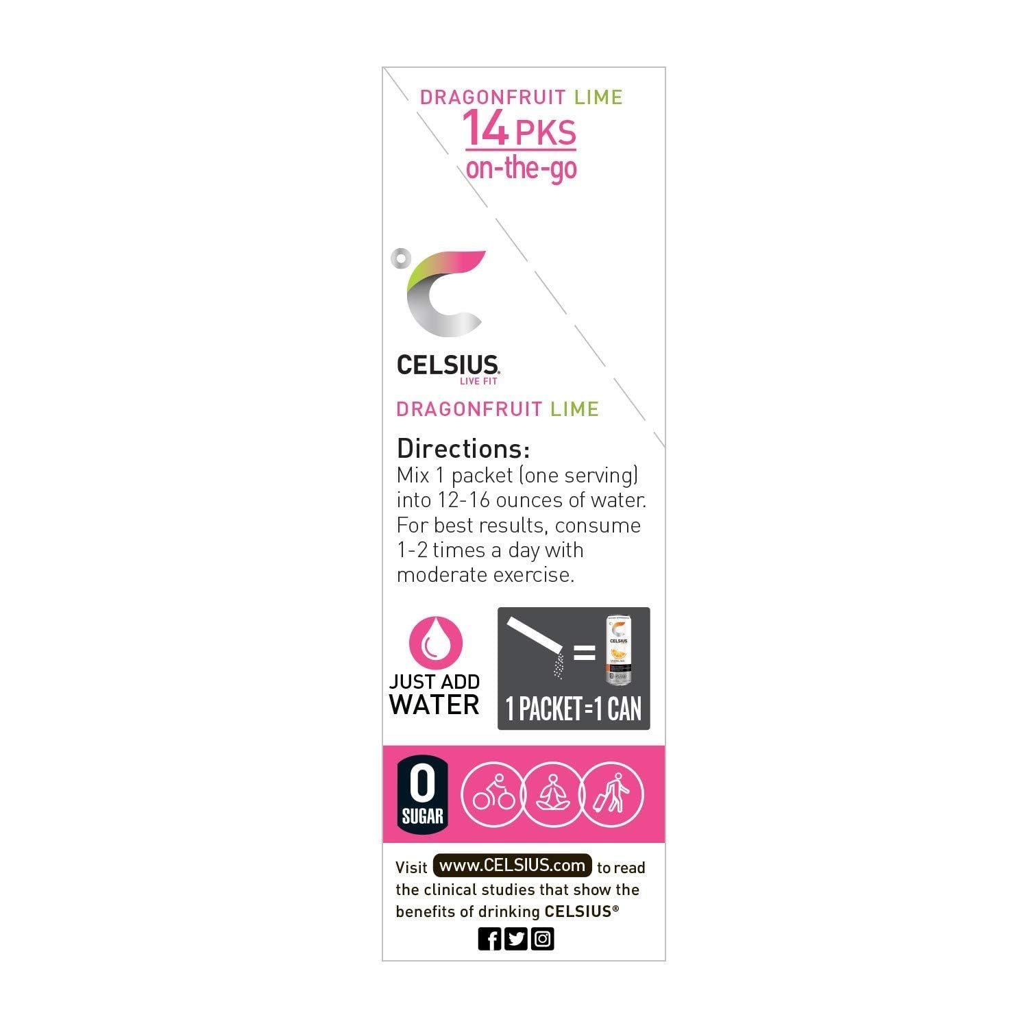 CELSIUS Dragonfruit Lime On-the-Go Powder Stick Packs, Zero Sugar 14 Count(Pack of 1) CELSIUS