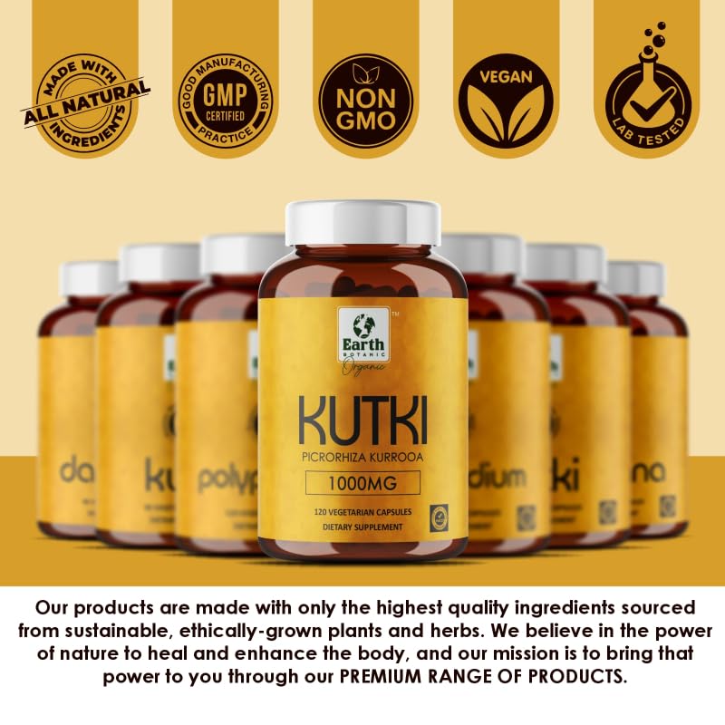 Earth BOTANIC Organic Kutki Root Powder 1000mg 120 Capsules (Picorohiza Kurrooa)