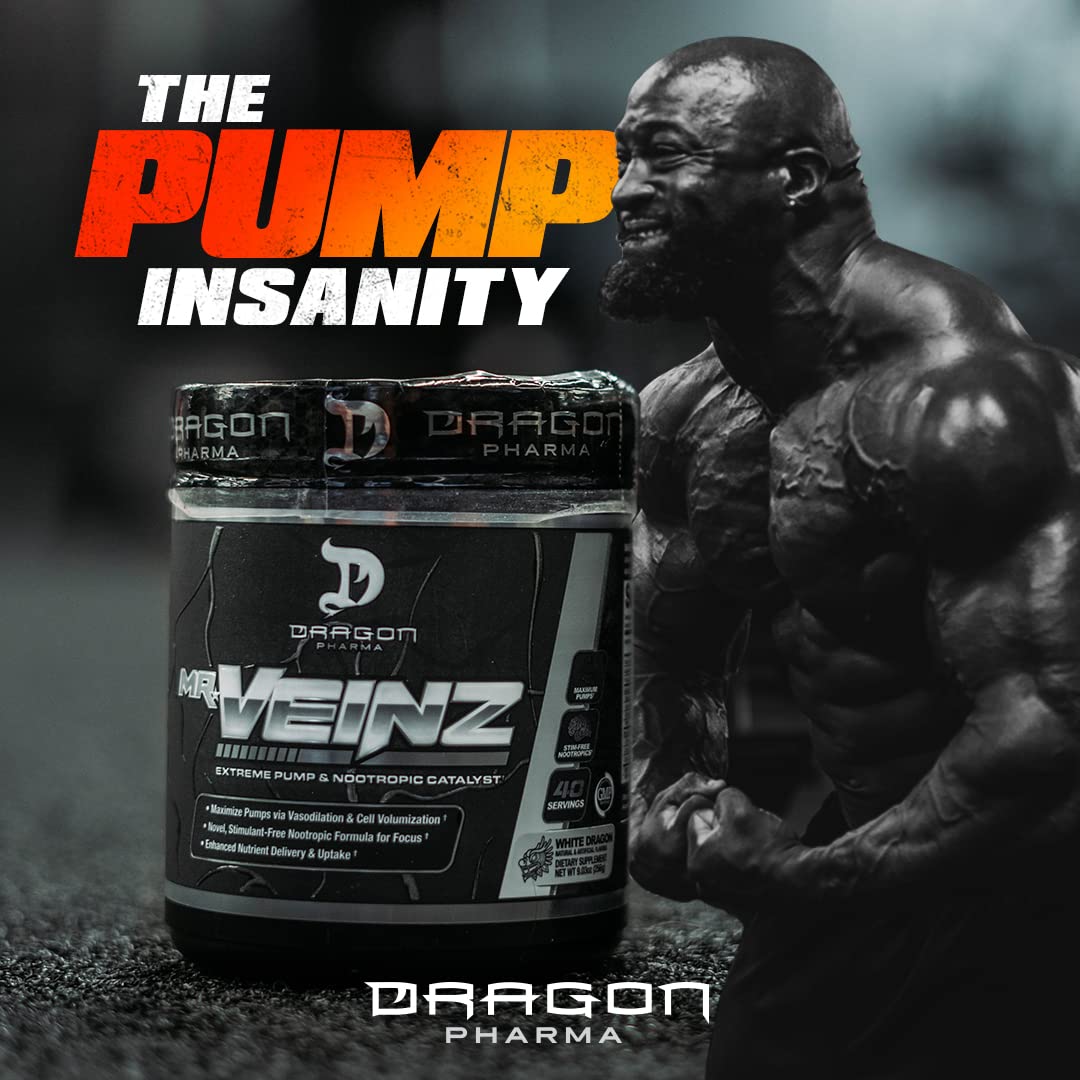 DRAGON PHARMA Mr. Veinz Stim Free Pre-Workout, Extreme Pump & Nootropic Catalyst, Maximize Pumps via Vasodilation & Cell Volumization, Stimulant-Free Formula for Focus (40 Servings, White Dragon)