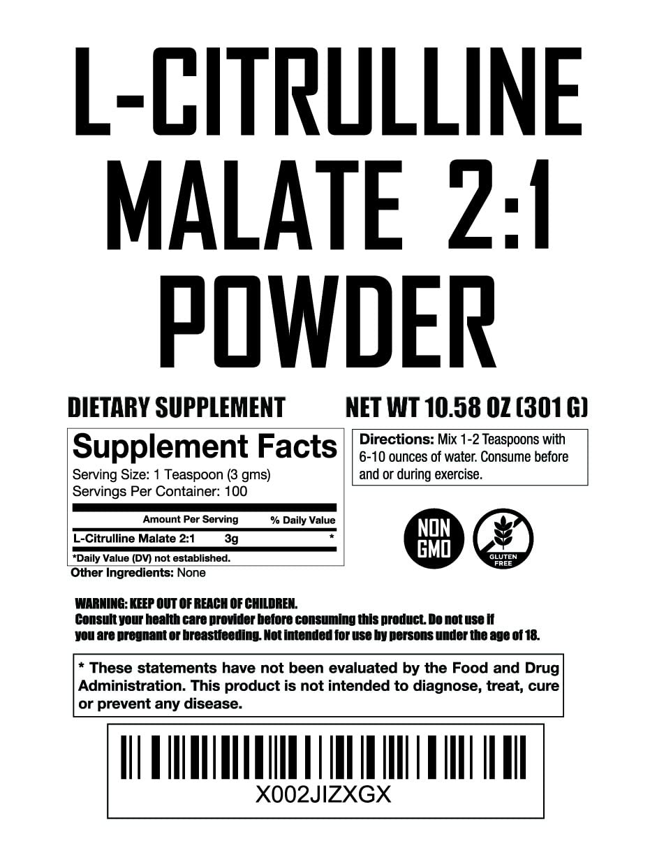 L Citrulline Malate 2 1 Powder 300 Grams - Bulk L Citrulline Powder - Free Form Amino Acid Pre Workout Supplement - Raw and Pure with no Additives by Fit Lane Nutrition.