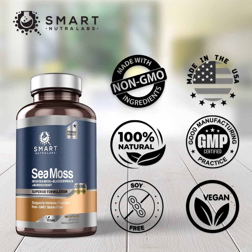 SMART NUTRA LABS Organic Sea Moss 3200MG Per Serving- 180 Vegan