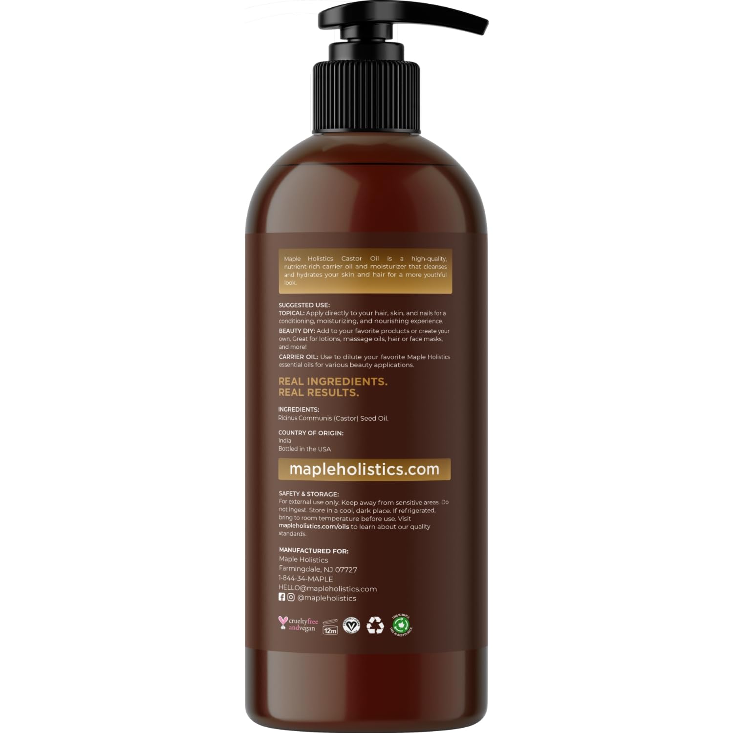 Pure Castor Oil for Body & Skin Care Great for Wraps & Compresses - Castor Oil for Hair Skin Maple Holistics