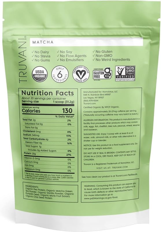 Truvani Organic Vegan Protein Powder Matcha - 20g of Plant Based, Organic Protein