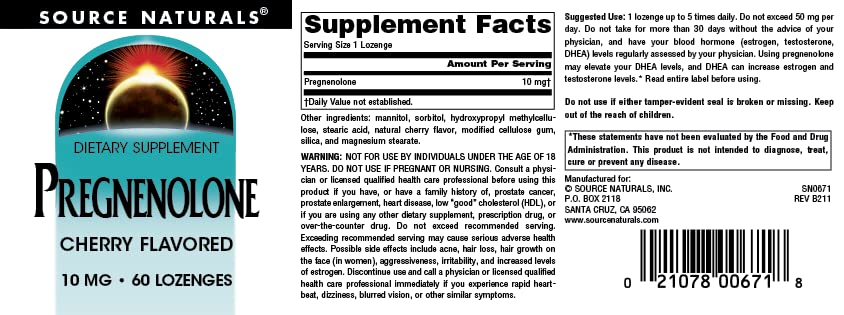 Source Naturals Pregnenolone 10mg - 60 Cherry Lozenges Source Naturals