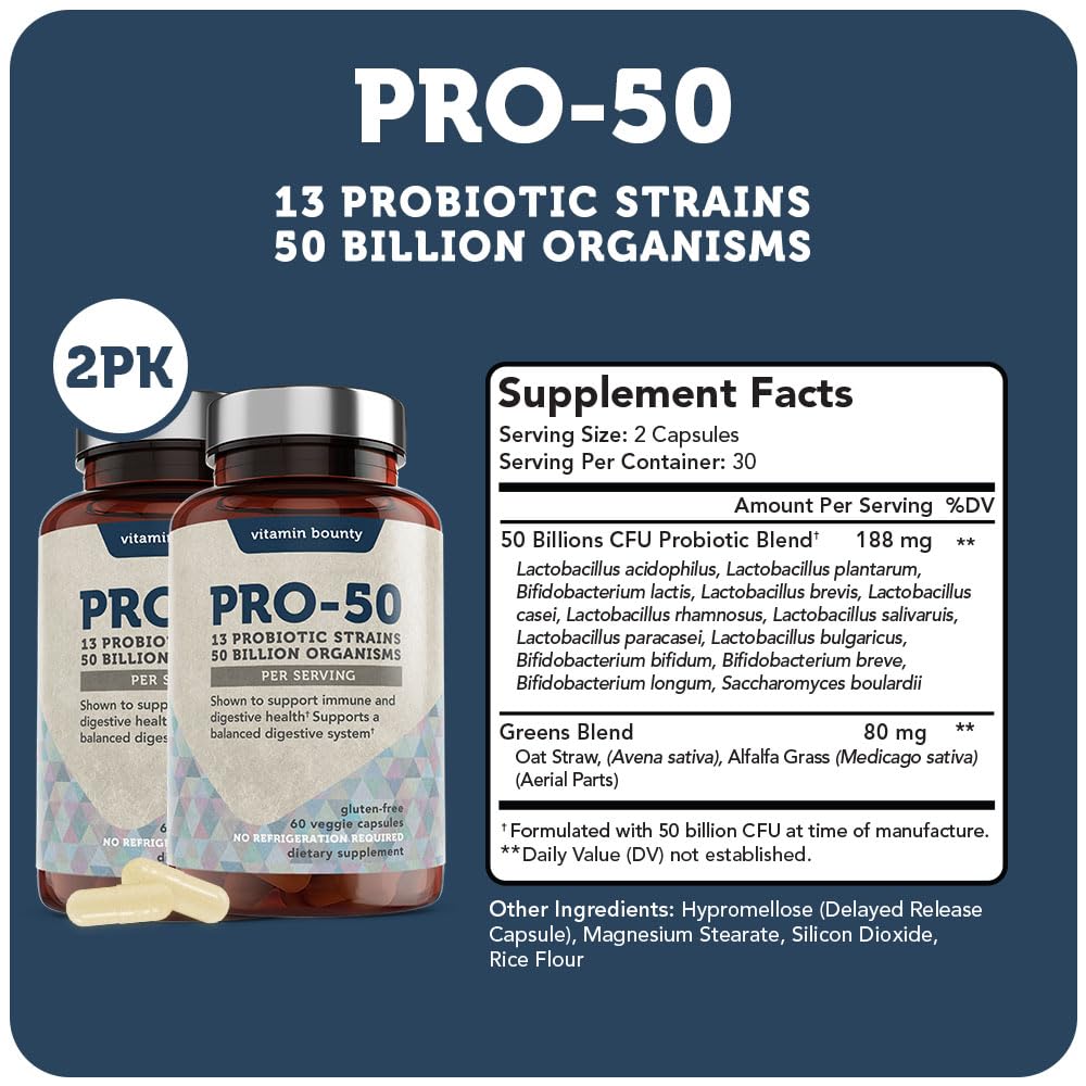 Vitamin Bounty Pro-50 Probiotics Supplement- 13 Probiotic Strains, Gut Health
