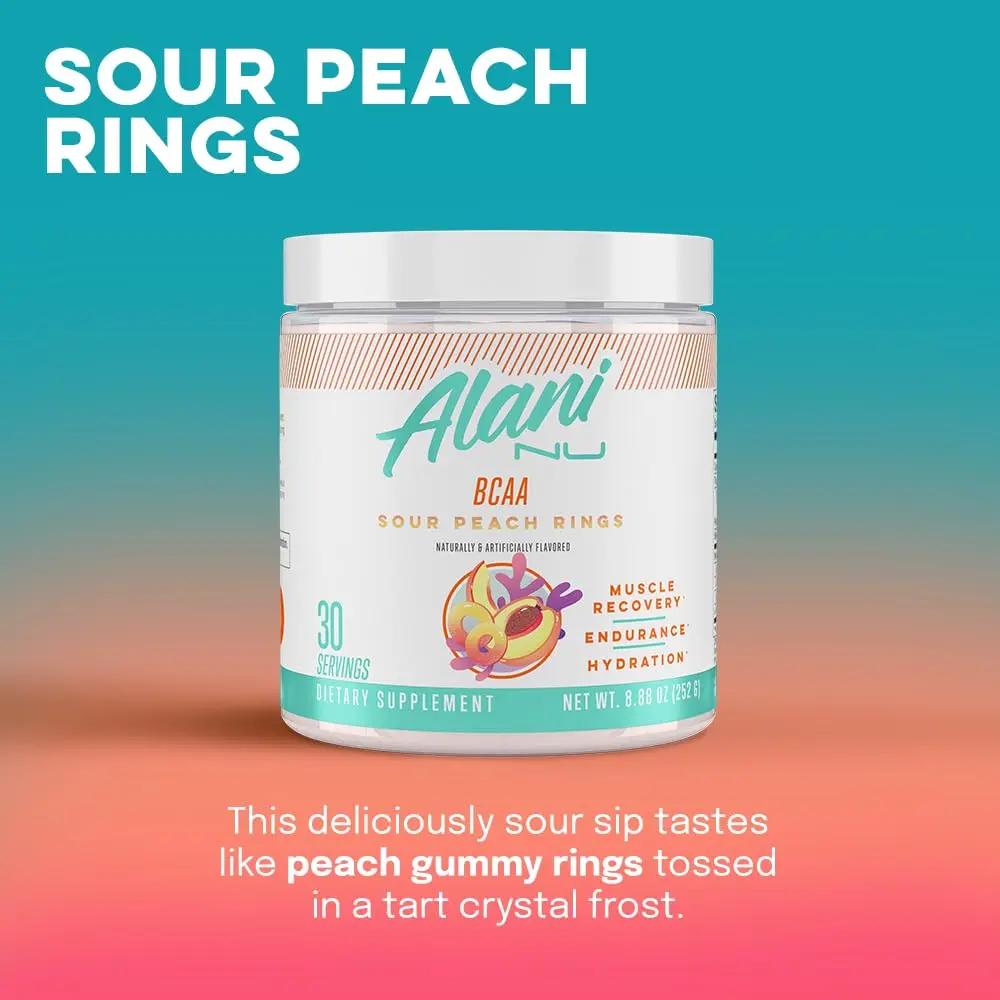 Alani Nu Rainbow Candy Pre Workout and BCAA Sour Peach Rings Post Workout Powder Bundle | L-Theanine, Beta-Alanine, Citrulline | Branch Chain Essential Amino Acids | 30 Servings per Container