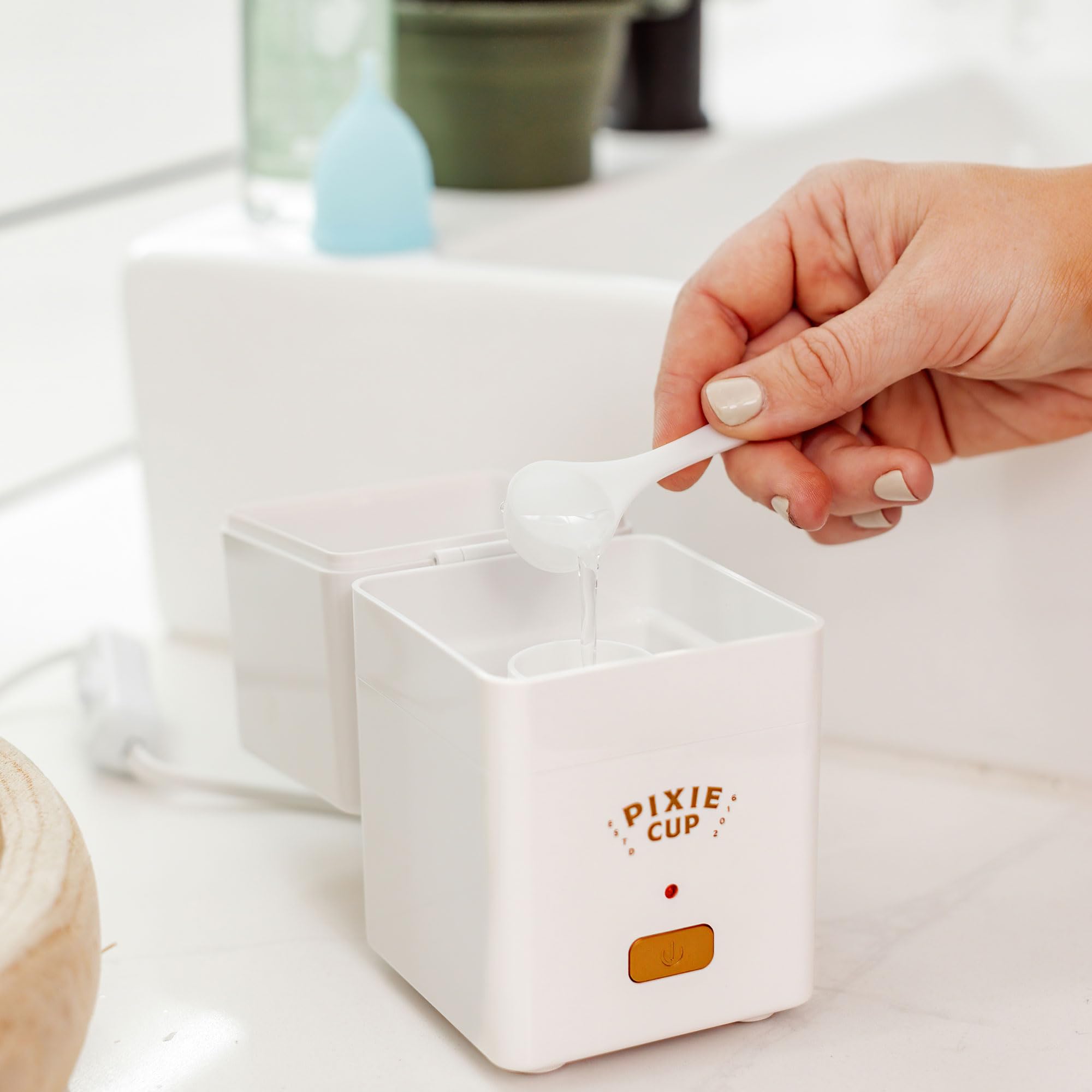 Pixie Menstrual Cup Sterilizer Cleaner Machine - The Only Hinged Lid Steamer & Drying Stand Pixie Cup