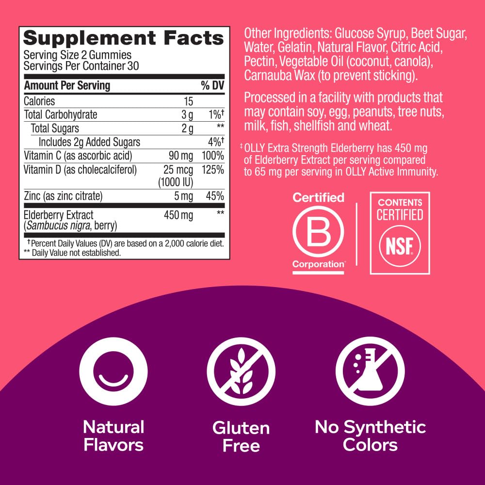 OLLY Extra Strength Elderberry Gummies, Immune Support, 450mg Elderberry, Vitamin C OLLY