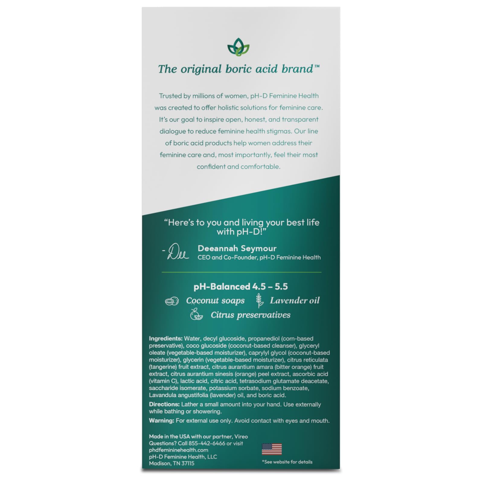 pH-D Feminine Health - Boric Acid Foam Wash - pH-Balanced, Paraben-Free, and Plant-based pH-D Feminine Health Support