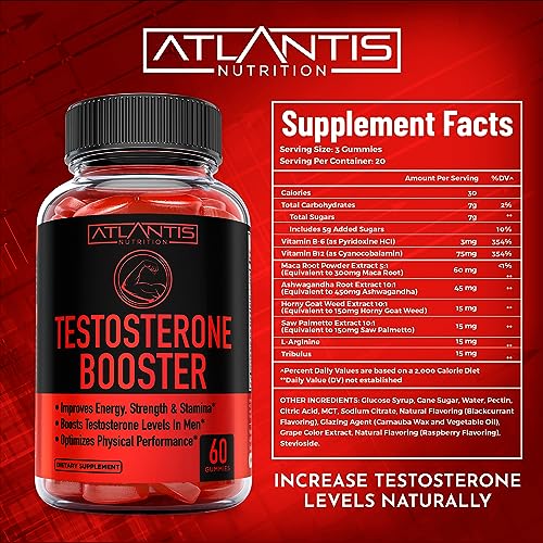Testosterone Booster For Men Gummies - Enhances Strength & Stamina - Optimizes Physical Atlantis Nutrition