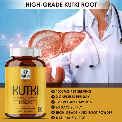Earth BOTANIC Organic Kutki Root Powder 1000mg 120 Capsules (Picorohiza Kurrooa)